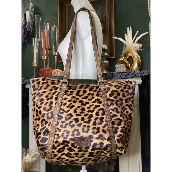 Patricia Nash Handbags - Patricia Nash Leopard Calf Hair Distressed Leather Tote Bag Brown Large Studded